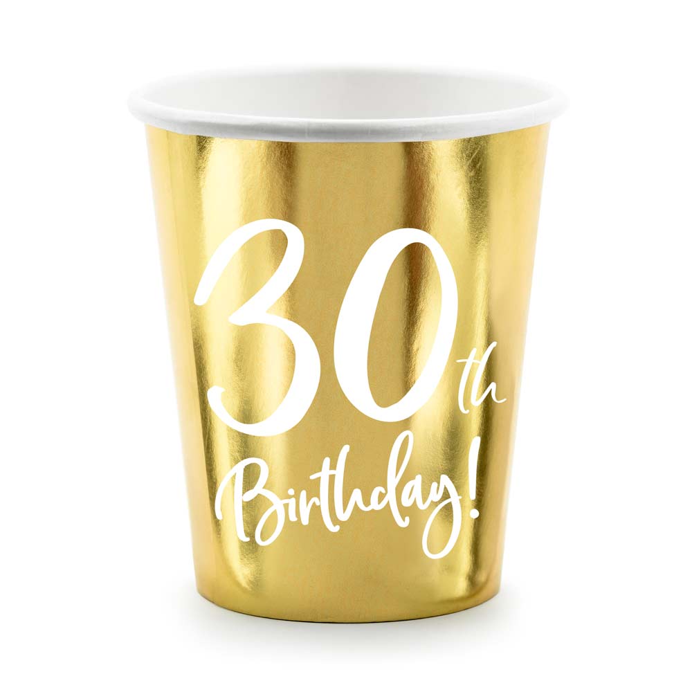 Kultaiset pahvimukit, 30th Birthday, 6kpl