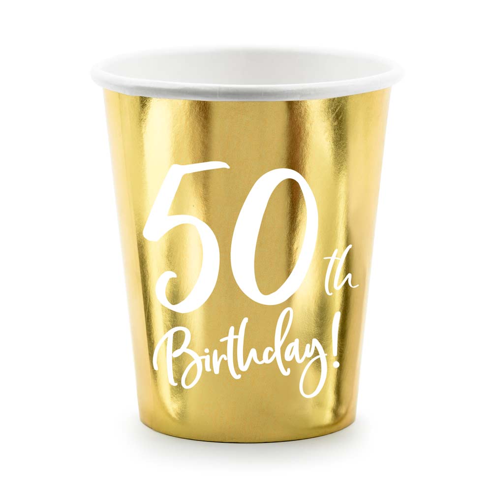 Kultaiset pahvimukit, 50th Birthday, 6kpl