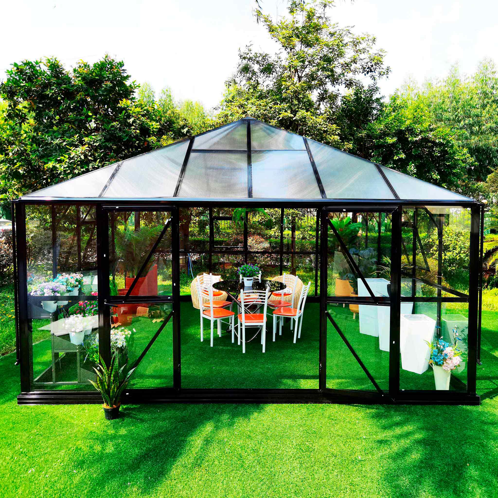 Kasvihuone Metalcraft Gazebo Premium, 19m², 4mm turvalasi, kennolevykatto, musta