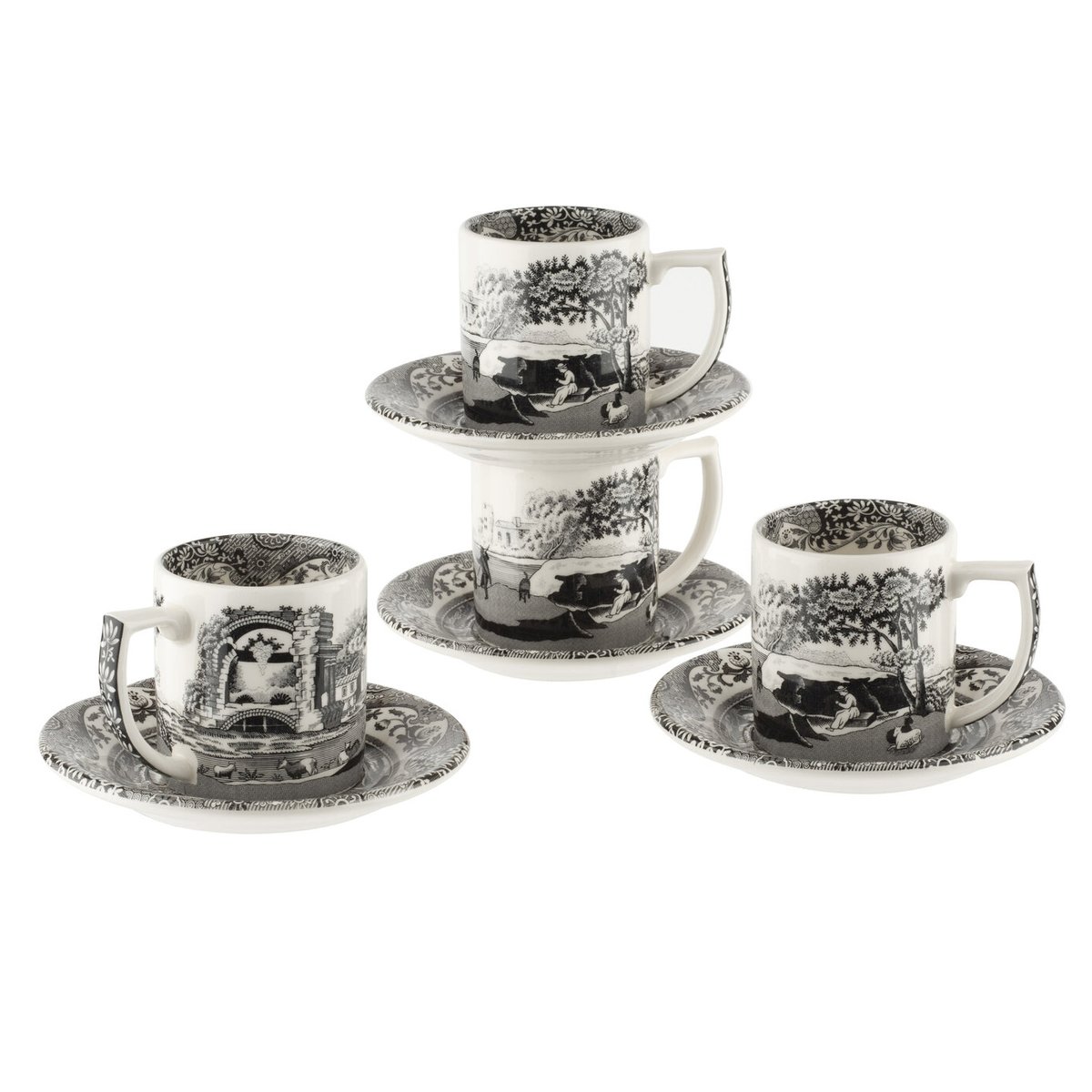 Spode Black Italian -espressokuppi aluslautasella, 4-pakkaus 9 cl