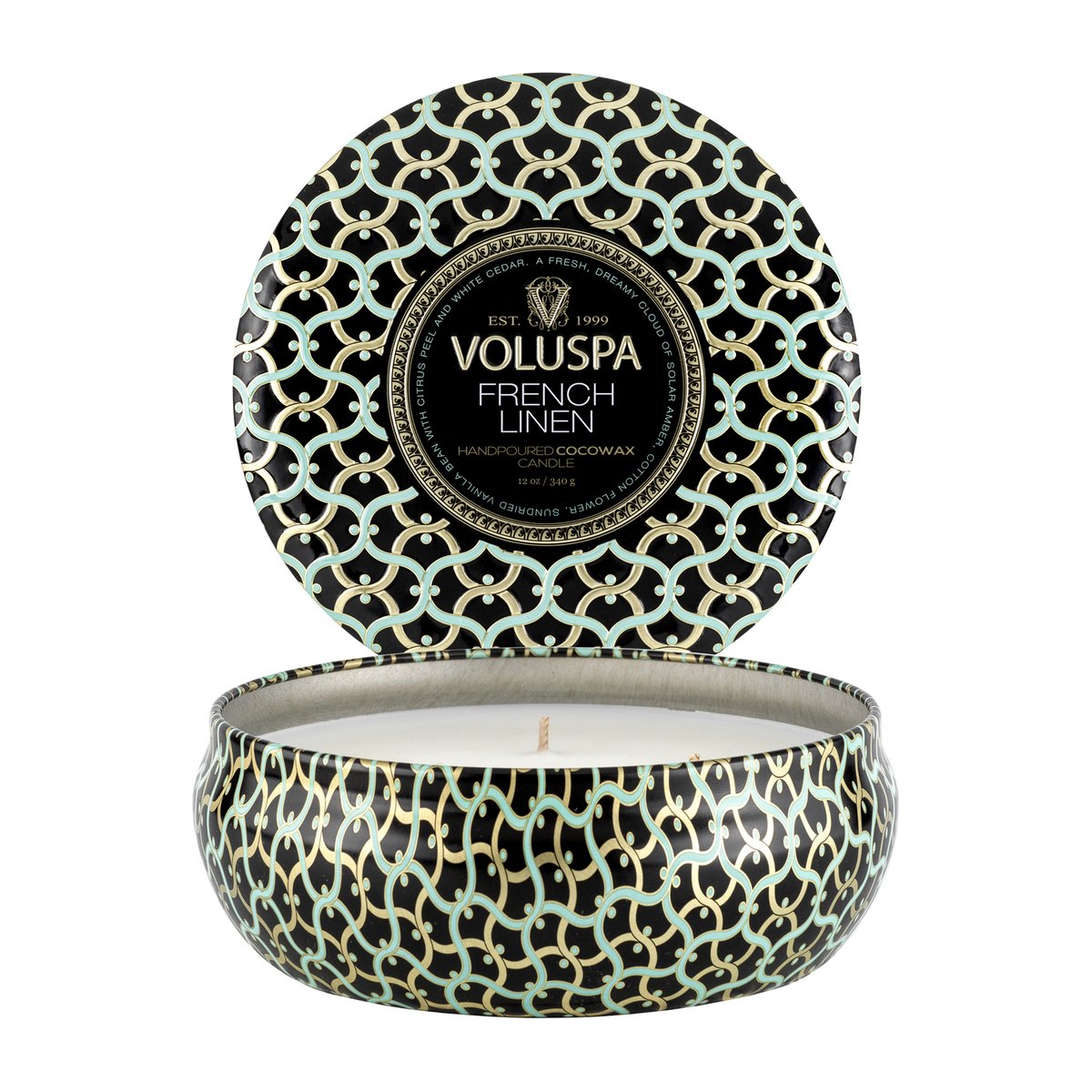 Voluspa Maison Noir 3-wick Tin tuoksukynttilä 40 tuntia French Linen