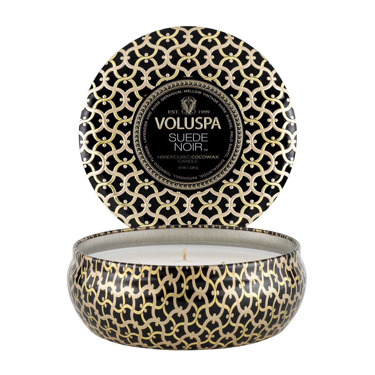 Voluspa Maison Noir 3-wick Tin tuoksukynttilä 40 tuntia Suede Noir