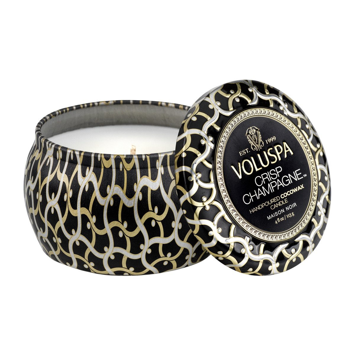 Voluspa Maison Noir Mini Tin tuoksukynttilä 25 tuntia Crisp Champagne