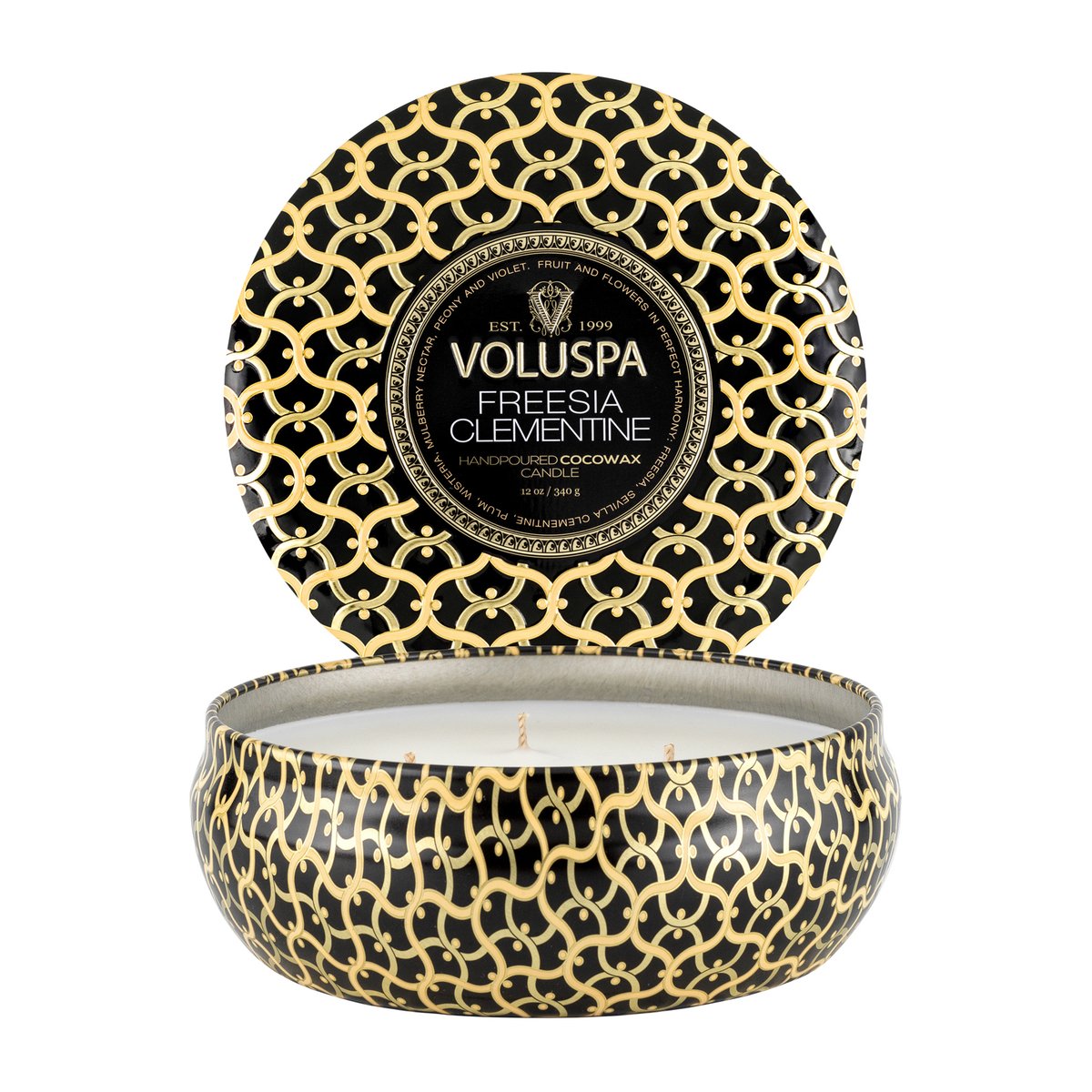 Voluspa Maison Noir 3-wick Tin tuoksukynttilä 40 tuntia Freesia Clementine