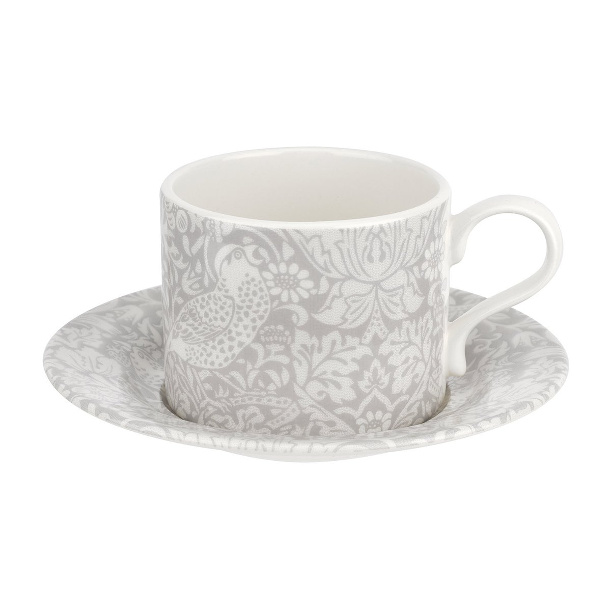 Spode Strawberry Thief -teekuppi aluslautasella 28 cl Grey