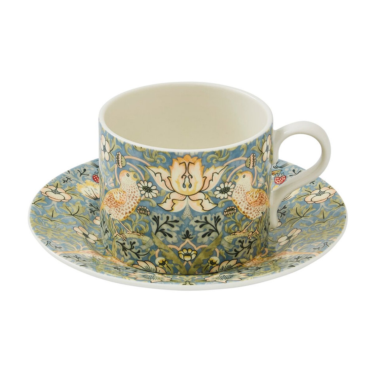 Spode Strawberry Thief -teekuppi aluslautasella 28 cl Multi