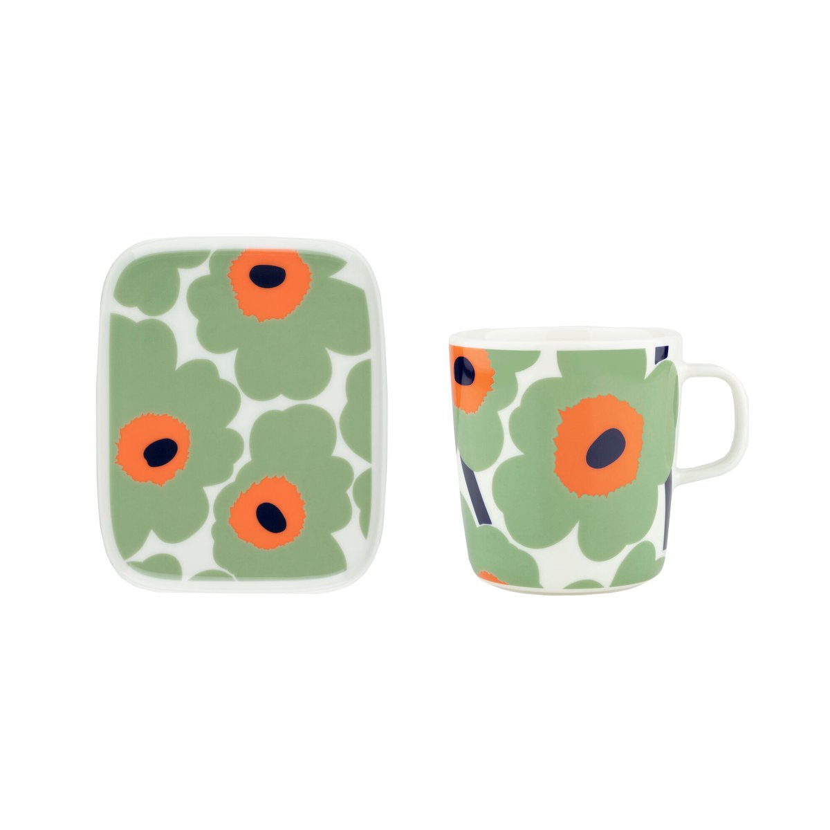 Marimekko Unikko muki 40 cl + lautanen 12x15 cm White-sage-orange-dark blue