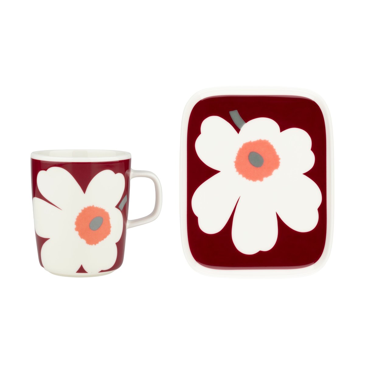 Marimekko Unikko 60-vuotisjuhlamuki 25 cl + lautanen 12x15 cm White-dark cherry-ash grey