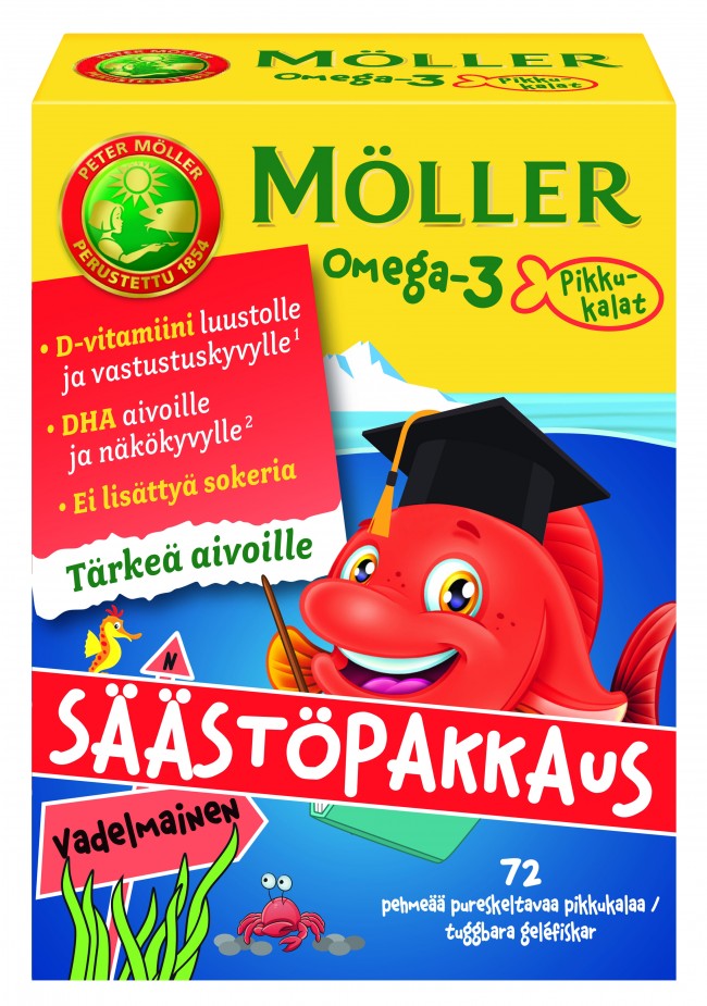 Möller Omega-3 Pikkukalat vadelmainen 72 kpl  säästöpakkaus