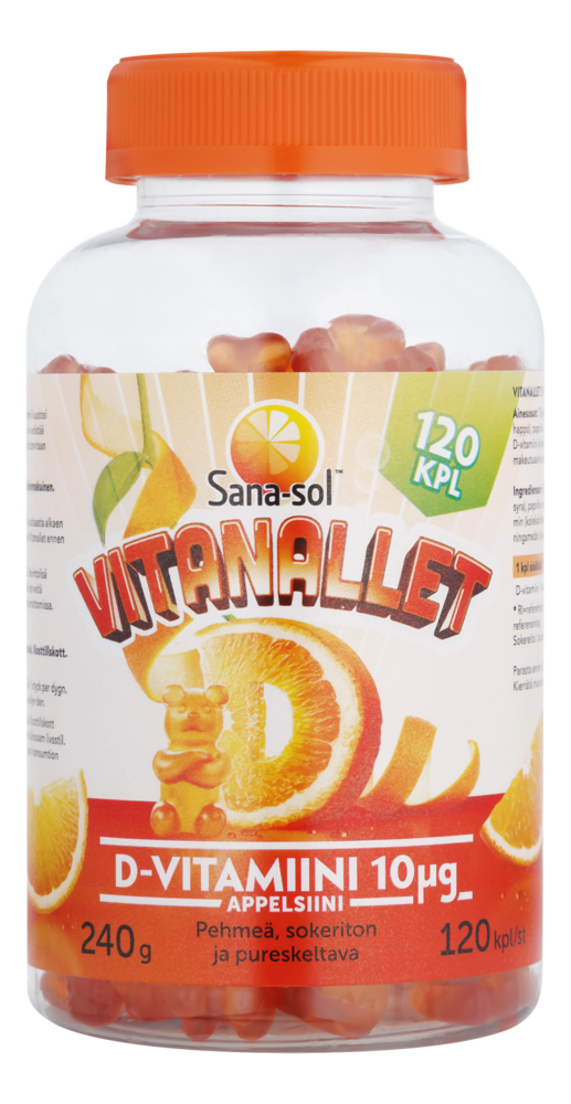 Sana-Sol Vitanallet D-vitamiini 10 mikrog Appelsiini 120 kpl