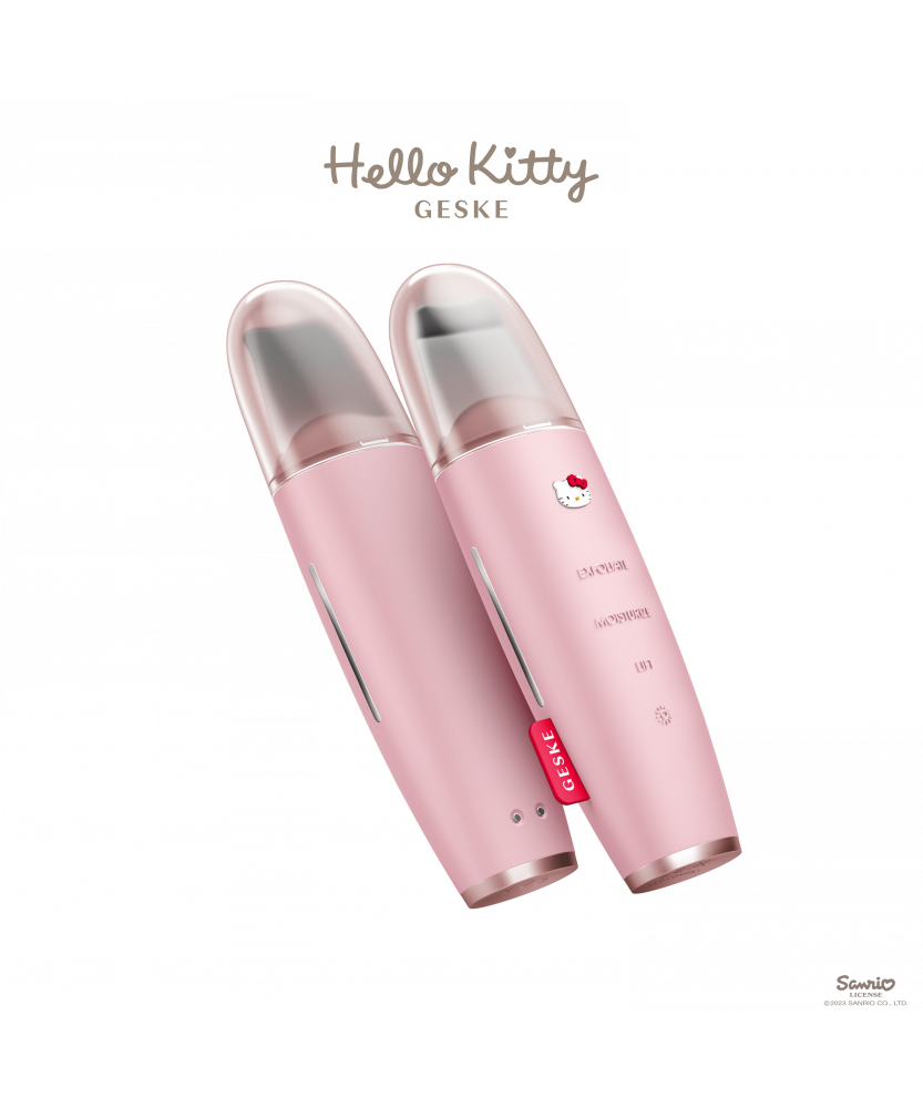 GESKE SmartAppGuided™ MicroCurrent Skin Scrubber & Blackhead Remover | 9 in 1 Hello Kitty Pink