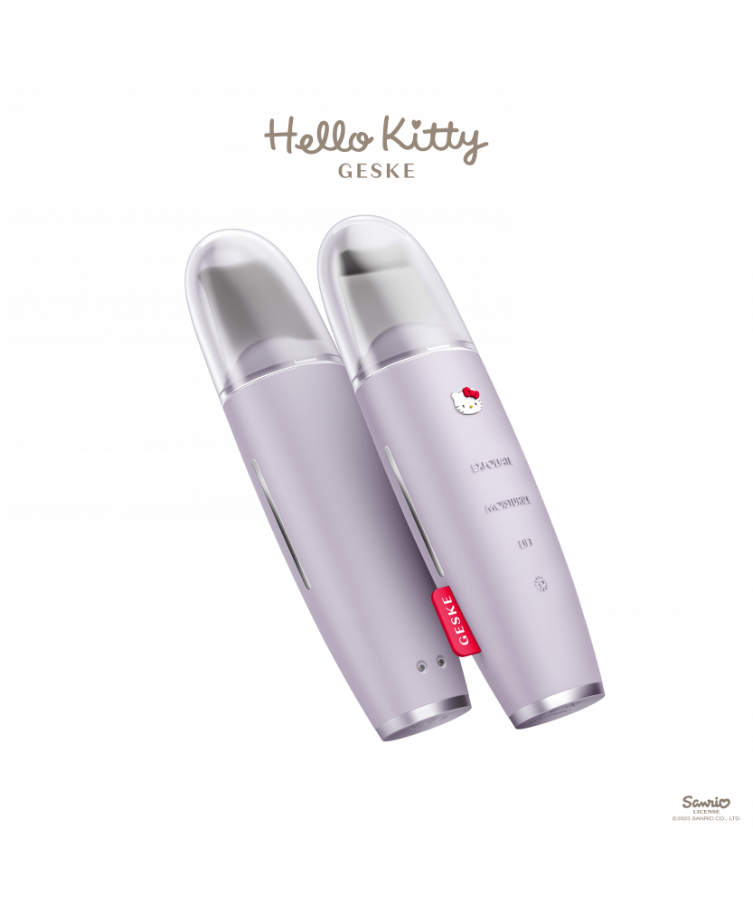 GESKE SmartAppGuided™ MicroCurrent Skin Scrubber & Blackhead Remover | 9 in 1 Hello Kitty Purple