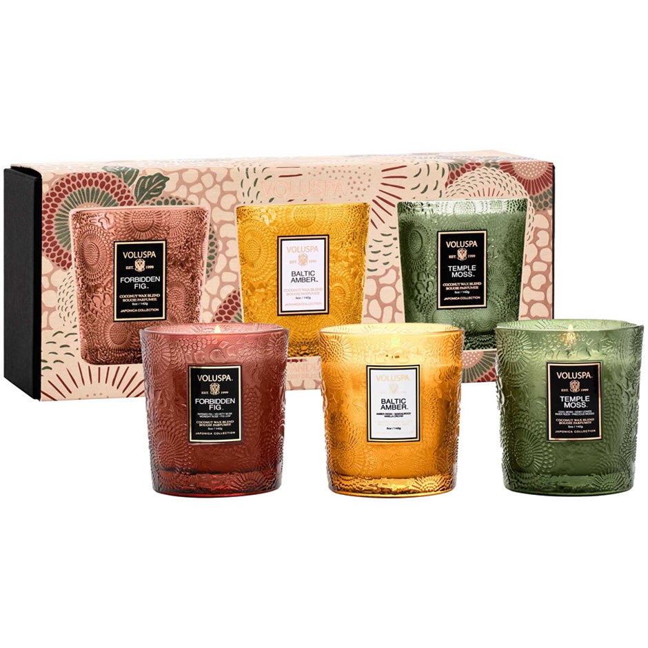 Voluspa 3 x Demi Candle Set Forbidden Fig, Baltic Amber, Temle Moss - 468 g