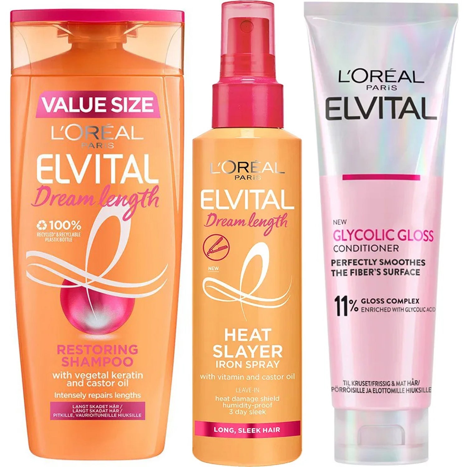 L'Oréal Paris Elvital Trio Shampoo 400ml, Conditioner 300ml & Heat Slayer 150 ml - 850 ml