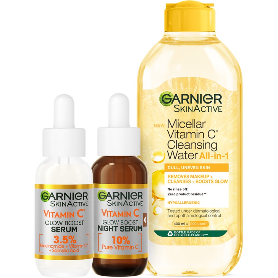 Garnier Vitamin C Vitamin C Glow Boost Serum + Micellar Vitamin C Cleansing Water + Vitamin C Double Renew 10% Night Serum